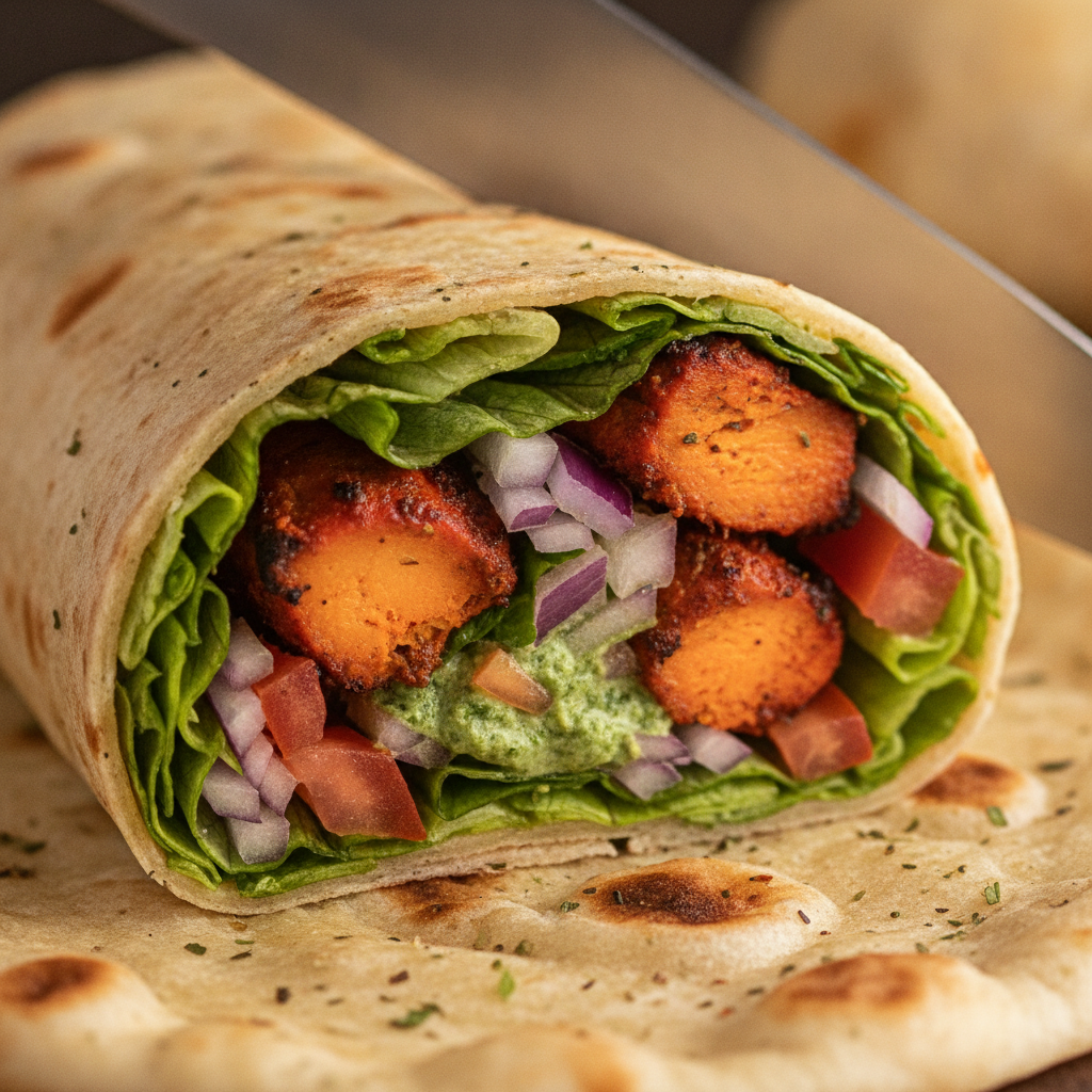 Close-up of tandoori chicken wrap sliced open with mint chutney — best wraps and burgers in Indian fusion style