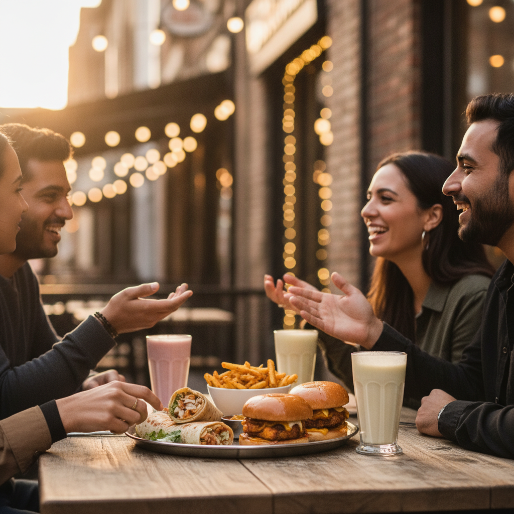 Friends sharing Indian fusion wraps and burgers with lassi and masala fries in a casual restaurant scene