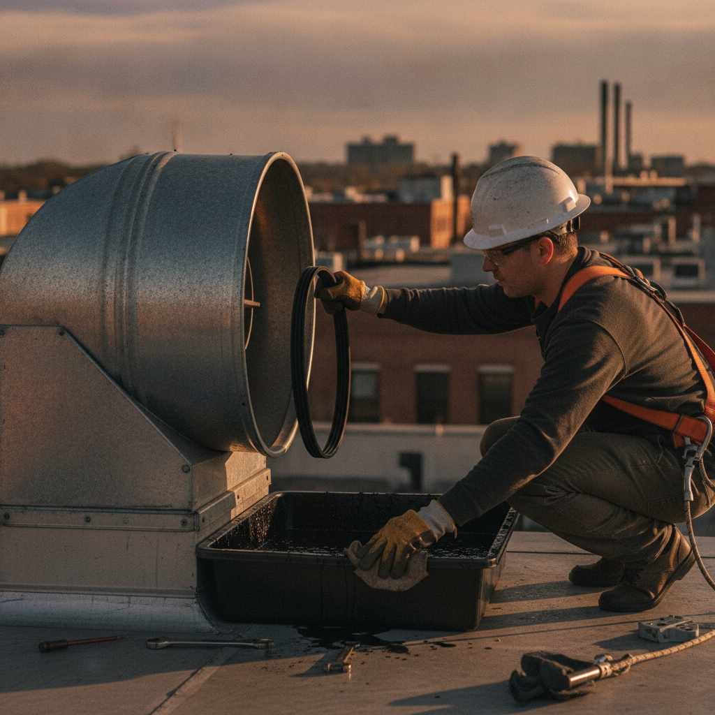 Rooftop exhaust fan maintenance with technician replacing a worn fan belt and cleaning grease containment to support hood and filter maintenance tips
