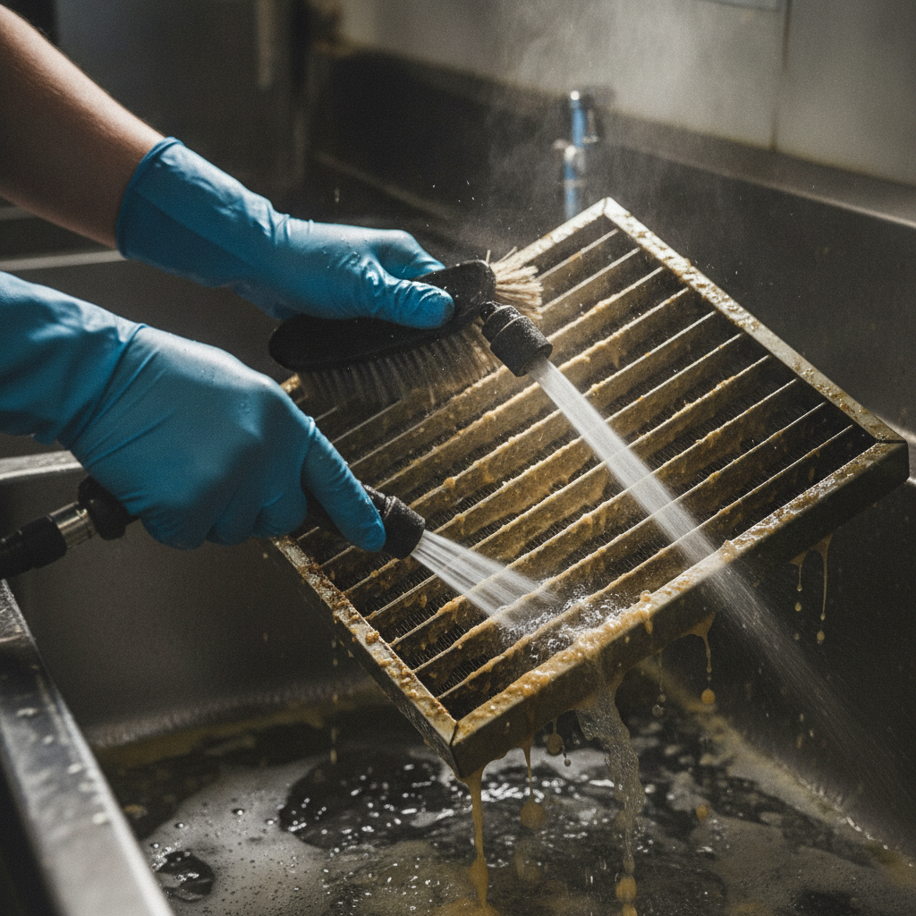 Close-up of a stainless baffle filter being scrubbed during weekly hood and filter maintenance tips routine in a commercial kitchen