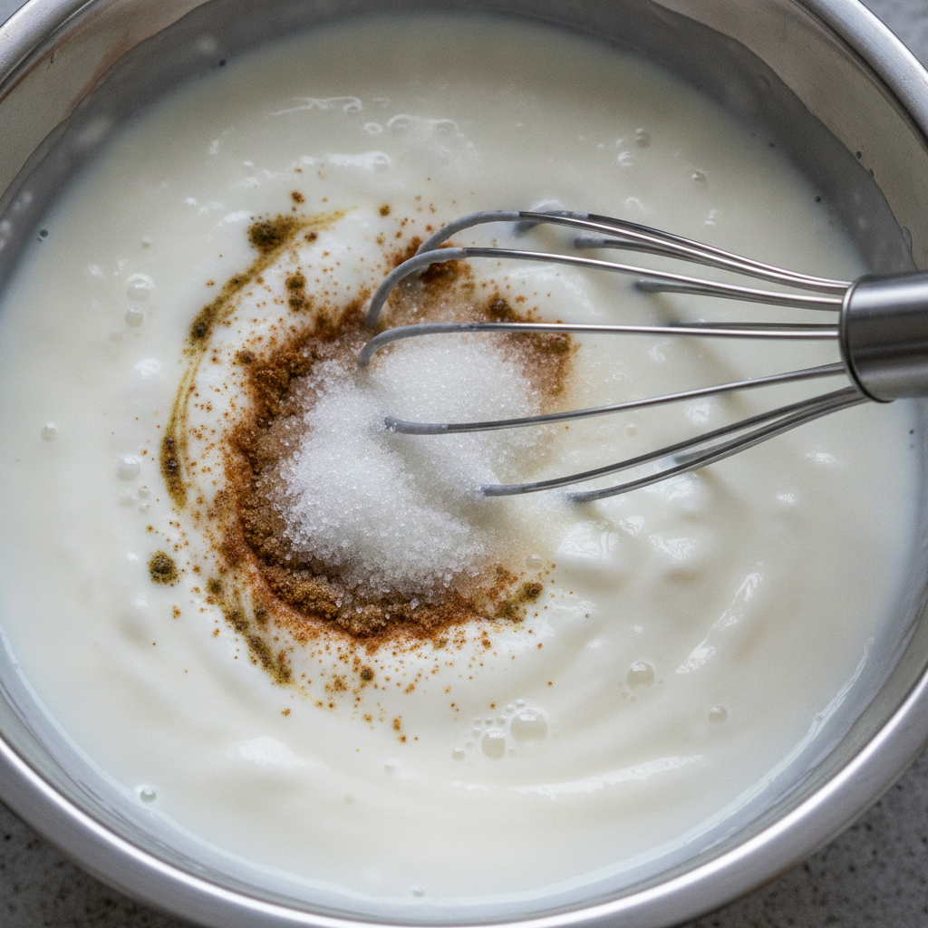 Close-up of creamy sweet lassi base: yogurt whisked with sugar and cardamom for silky texture