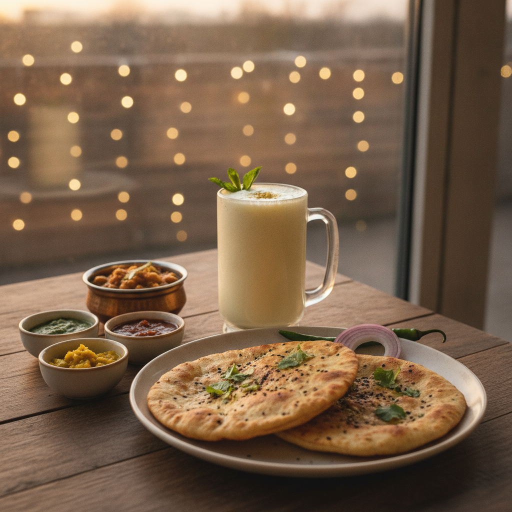 Sweet lassi served with Amritsari kulcha and chutneys in a warm restaurant scene