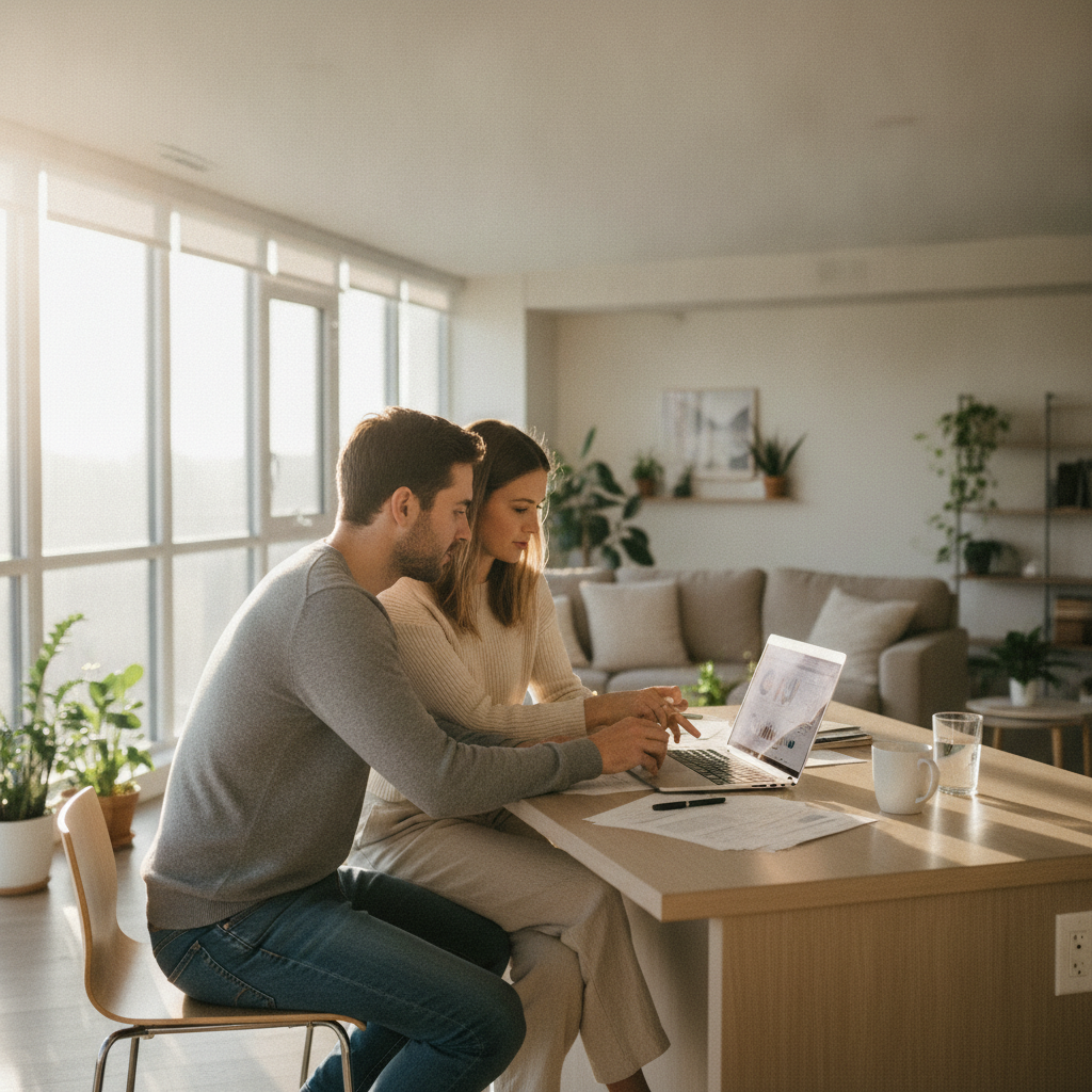 Whitby condo owners reviewing Ontario condo insurance documents at a kitchen island with bright morning light and large windows