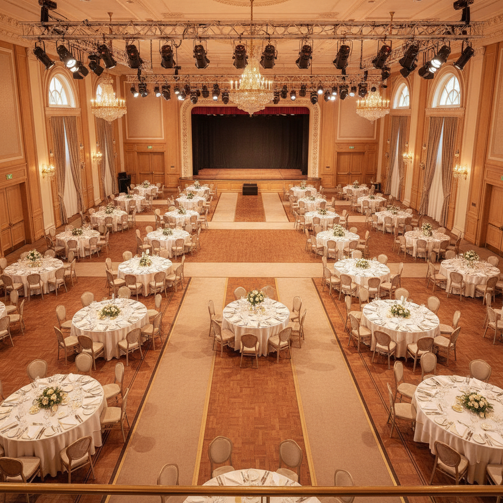 Grand ballroom overview showing round banquet tables, a centered stage, wide aisles, and overhead lighting truss for event floor plan design