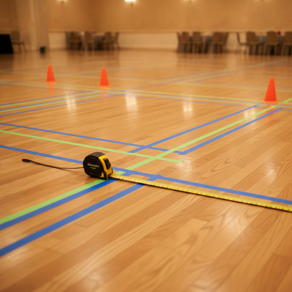 Close-up of taped floor markings and measuring tape used to map banquet table centers and aisle widths for event floor plan design