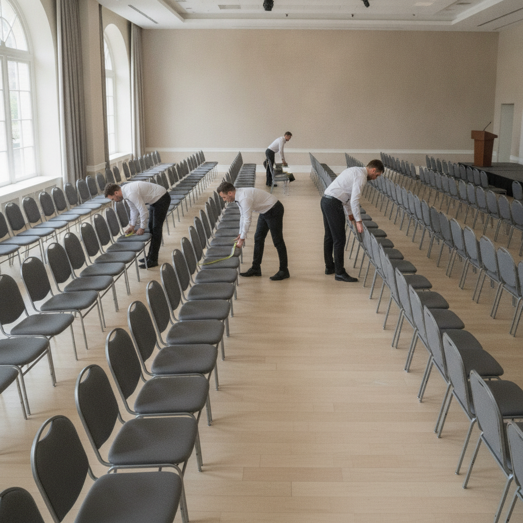Event team arranging conference chairs with a wide center aisle and accessible spacing in a bright convention venue