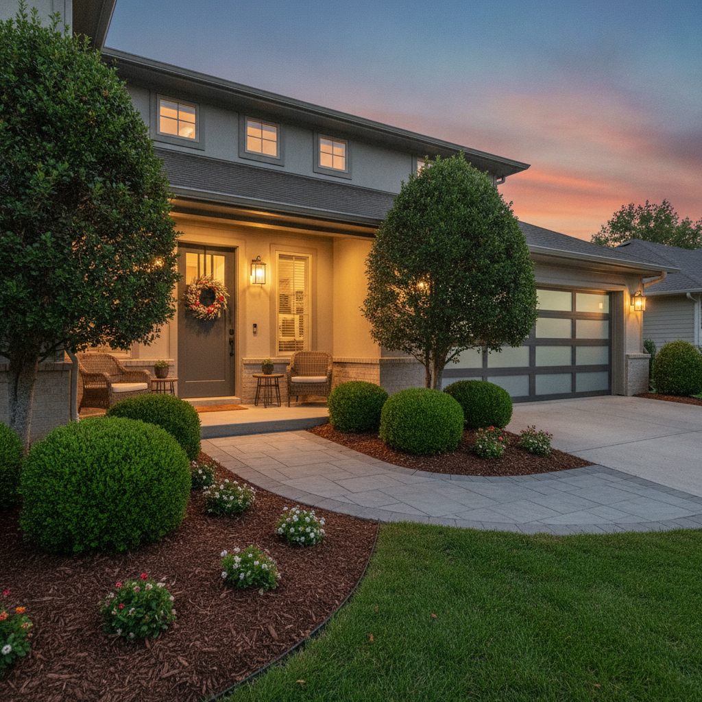 Dusk curb appeal with trimmed hedges, glowing porch lights, and a tidy front entry staged for showings