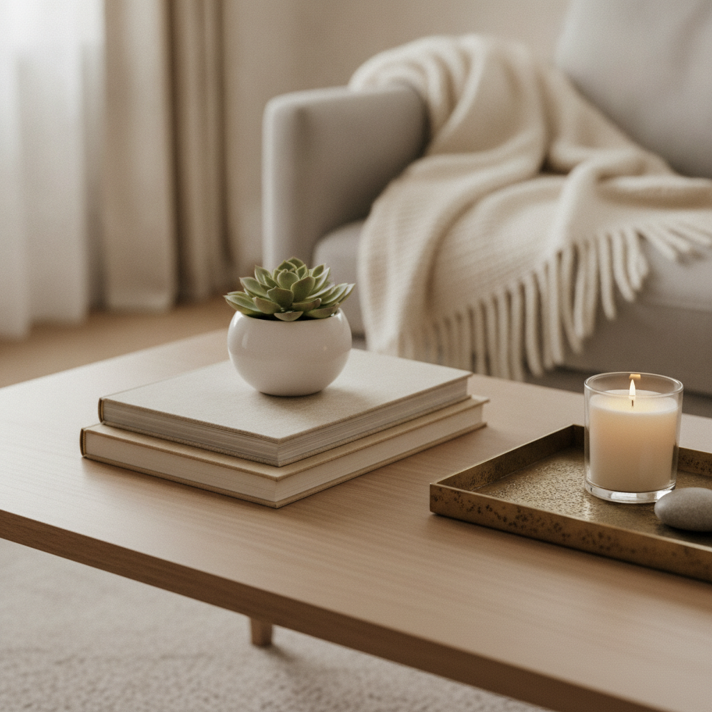 Close-up home staging vignette on a coffee table with decorative tray, plant, and books for listing photos