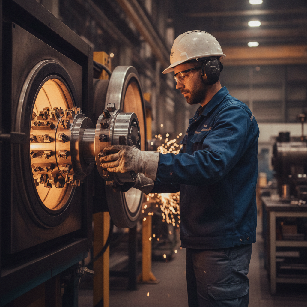 Engineer loading a rotary fixture of cutting tools into an open PVD vacuum chamber in a production environment