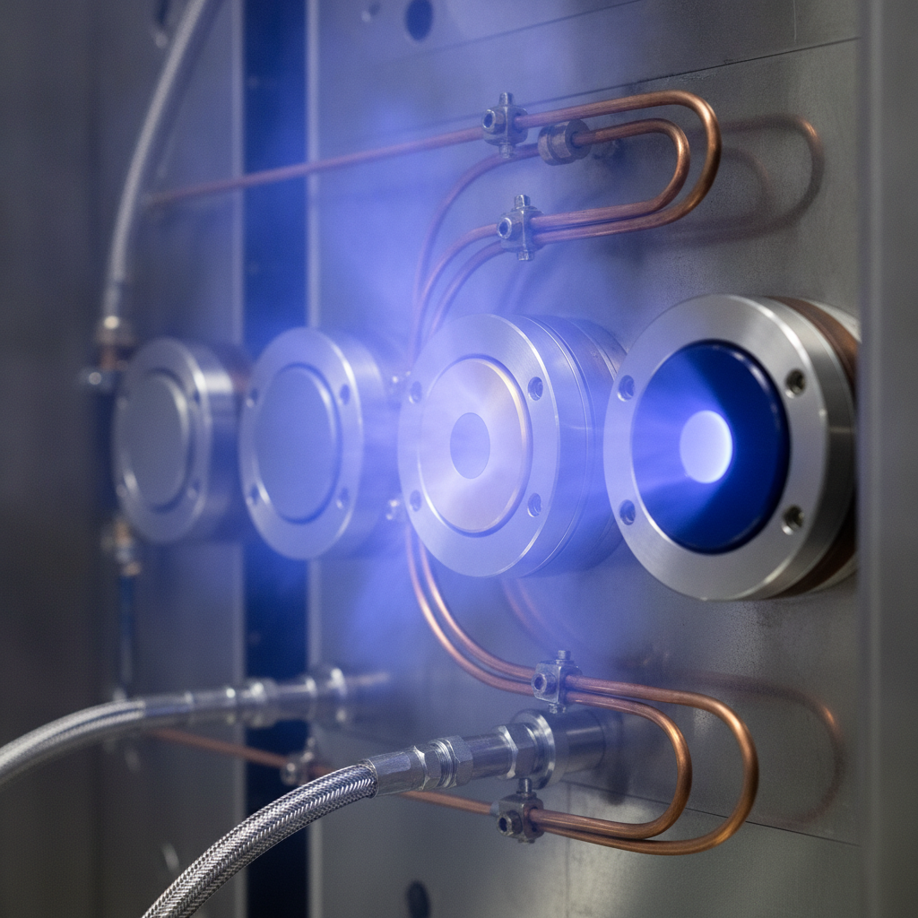 Close-up of magnetron sputtering cathodes with blue plasma inside physical vapor deposition equipment chamber