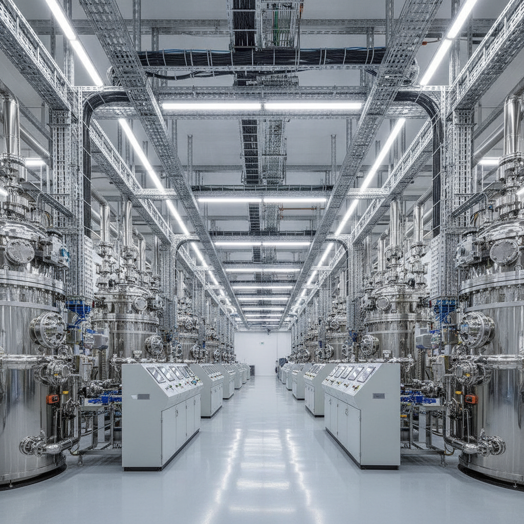 Overview of a production-scale physical vapor deposition equipment line with multiple stainless vacuum chambers and control consoles
