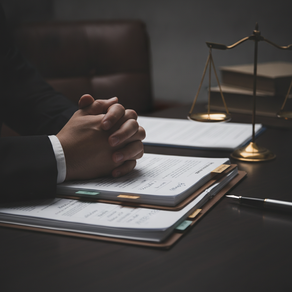Close-up of a defense lawyer reviewing case files and scales of justice, illustrating Canada criminal lawyer case preparation