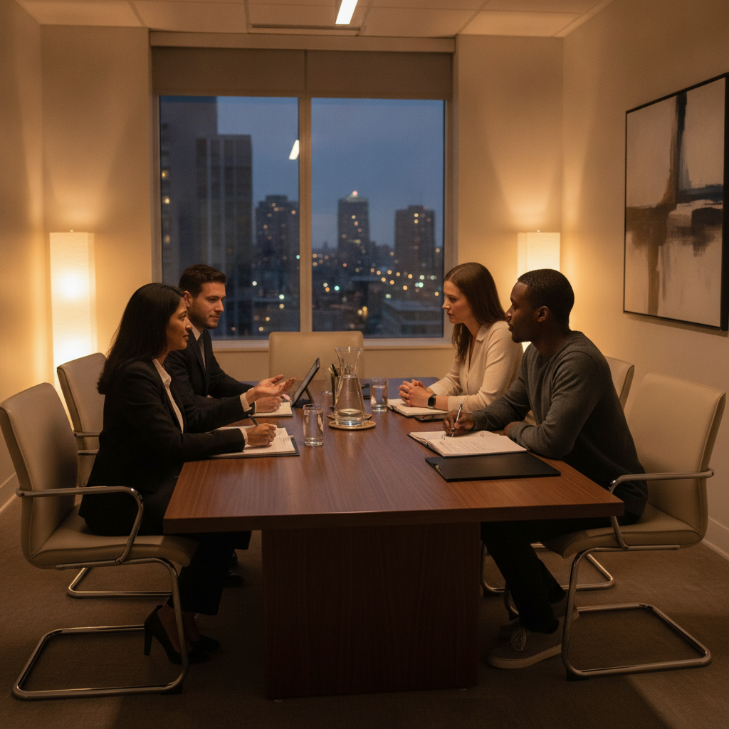 Client-lawyer consultation scene in a Brampton office, showing trusted Canada criminal lawyer guidance during pretrial strategy sessions