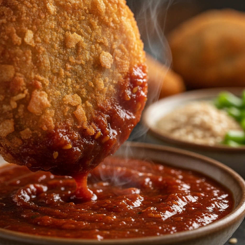 Crispy kurkure momos close-up with chili-garlic dip, perfect Indian fusion shareable