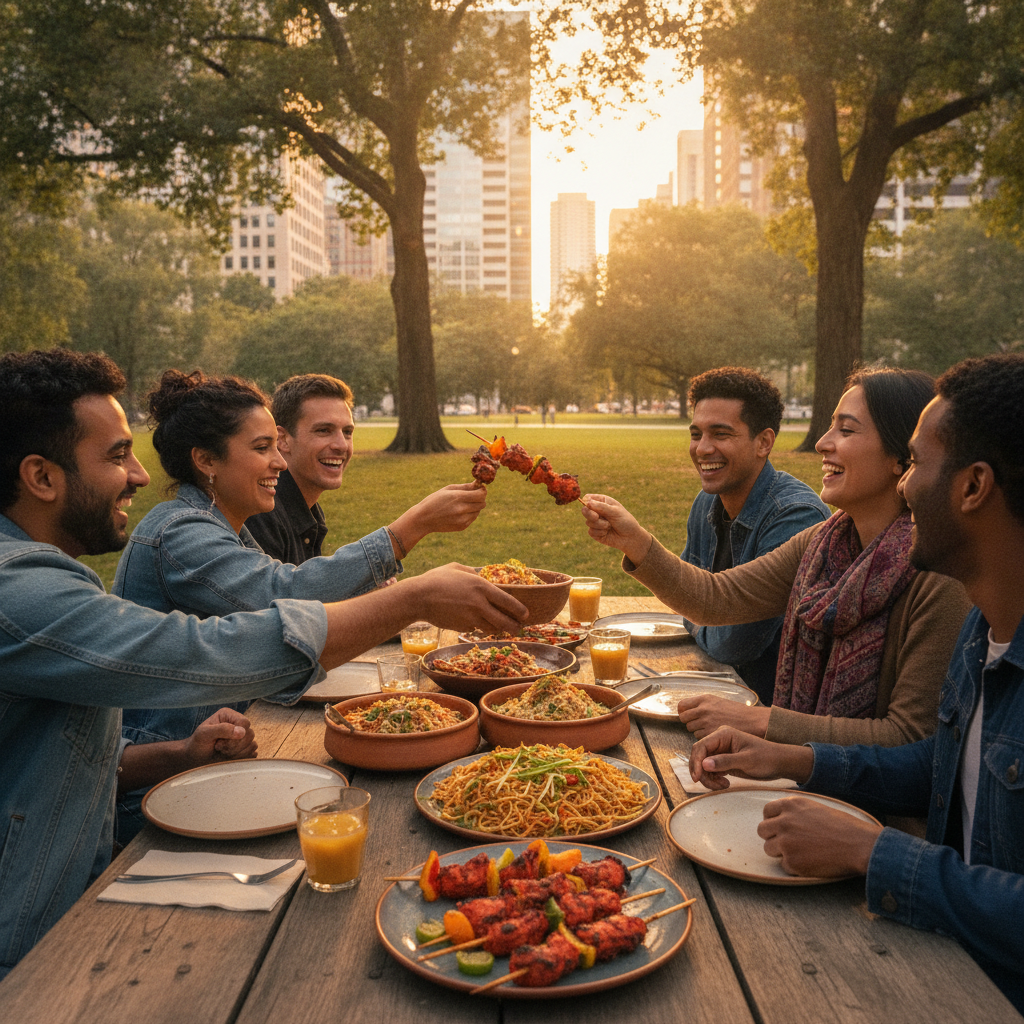 Friends sharing Indian fusion dishes family-style at a park picnic table in Cherry Hill