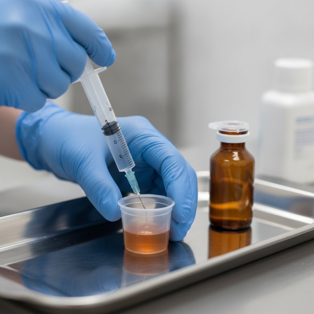 Nurse preparing a measured methadone dose in a dosing cup at a walk-in methadone clinic in Ontario, emphasizing supervised, safe care