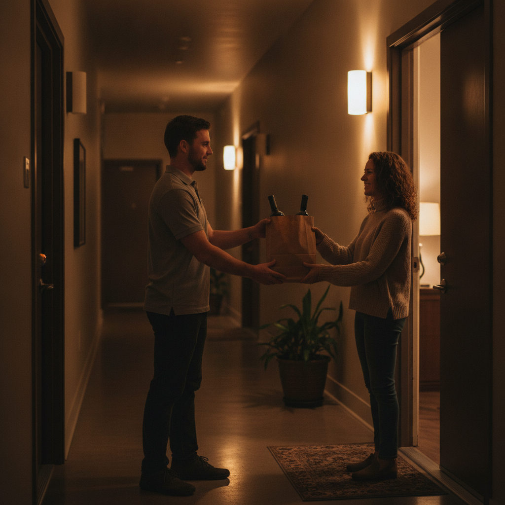 Downtown Calgary condo doorstep handoff for wine delivery