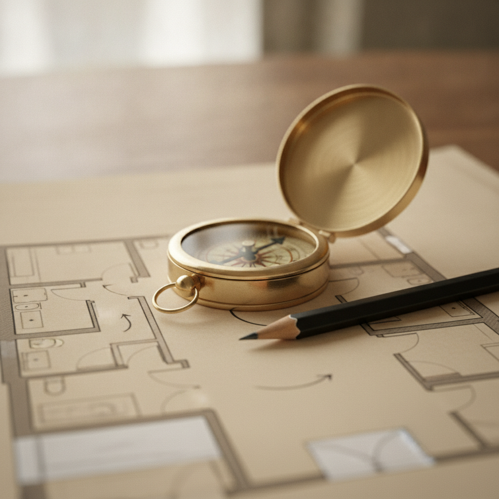 Close-up of compass on a home floor plan for checking vaastu dosh signs in home with accurate directions