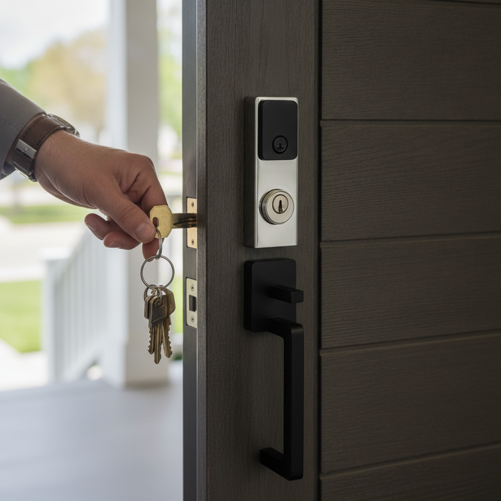 Close-up of new homeowner keys at a modern Cambridge front door, illustrating Kitchener Waterloo Cambridge real estate closing readiness
