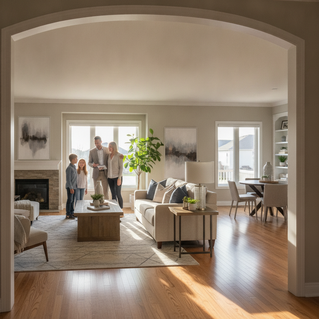 Family touring a staged Cambridge open house, showing buyer activity in Kitchener Waterloo Cambridge real estate