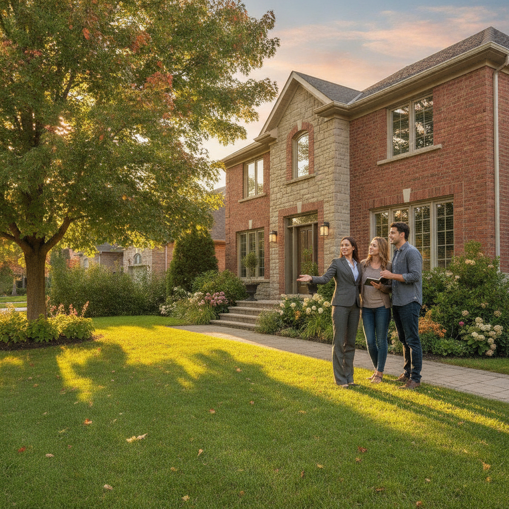 Brampton real estate agent touring a detached house with buyers to weigh house vs condo decision
