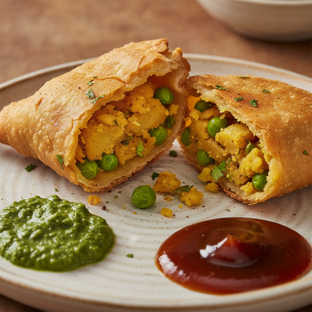 Close-up of an Indian store snack: samosa cracked open with chutneys showing crisp crust and spiced potato filling