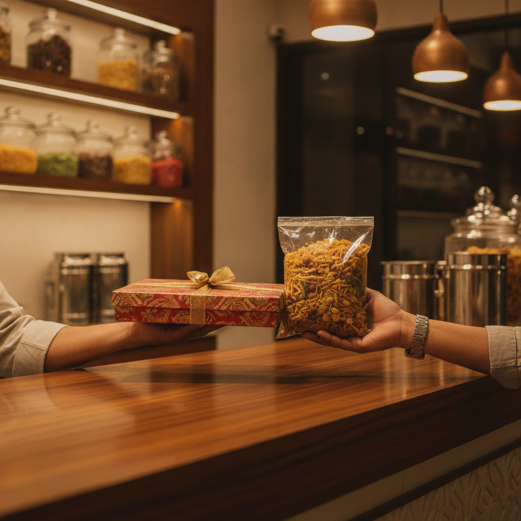 Indian gift-ready mithai box and savory namkeen mix being handed to a customer in a modern sweets shop in Brampton