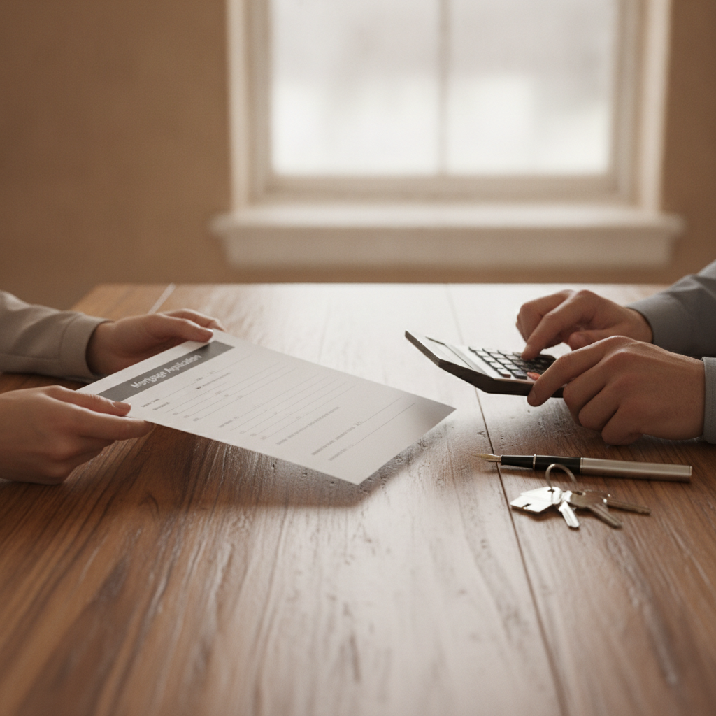 Close-up of mortgage application review with calculator and keys, illustrating Mississauga mortgage broker document prep