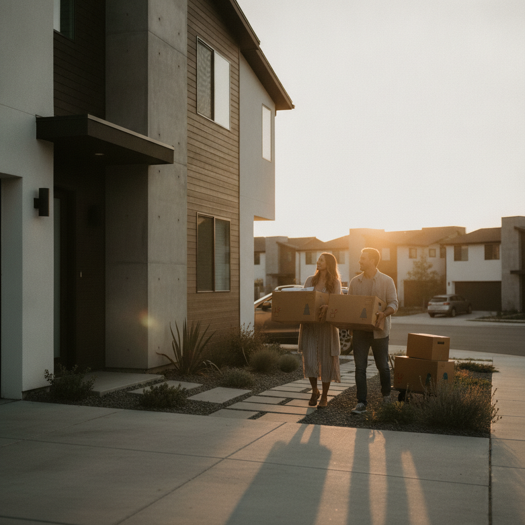 Young couple arriving at a Mississauga townhouse at sunset, symbolizing mortgage approval and move-in with a local broker