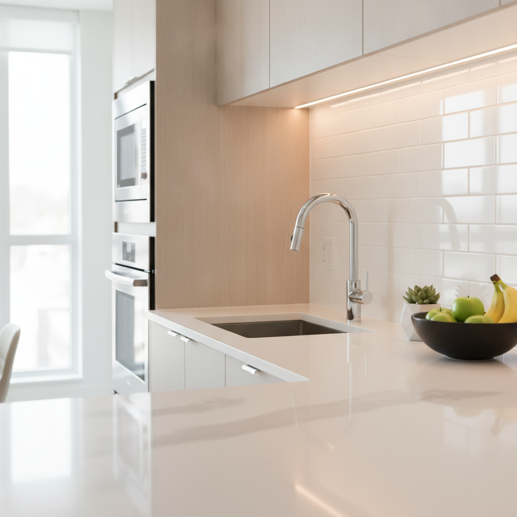 Modern Brampton condo kitchen close-up used to compare houses and condos features and finishes