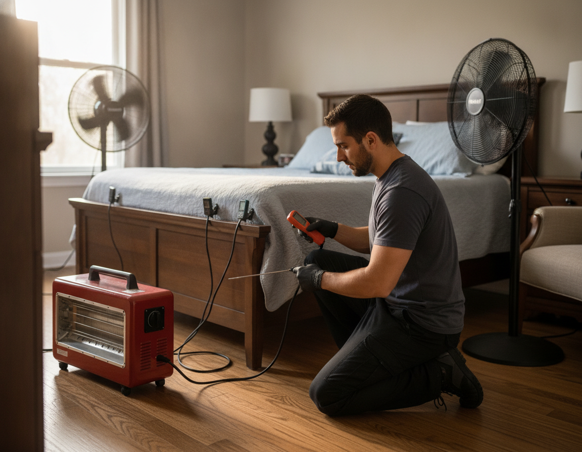 Professional heat treatment layout with heaters and fans positioned around a bed to illustrate integrated bed bug extermination process methods