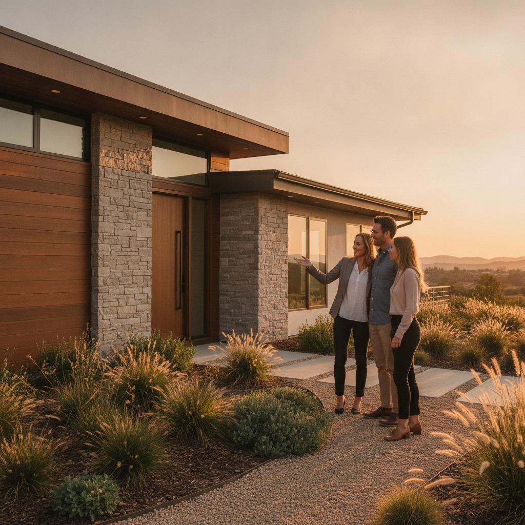 Real estate agent guiding clients at a modern home, illustrating marketplace-to-agent handoff