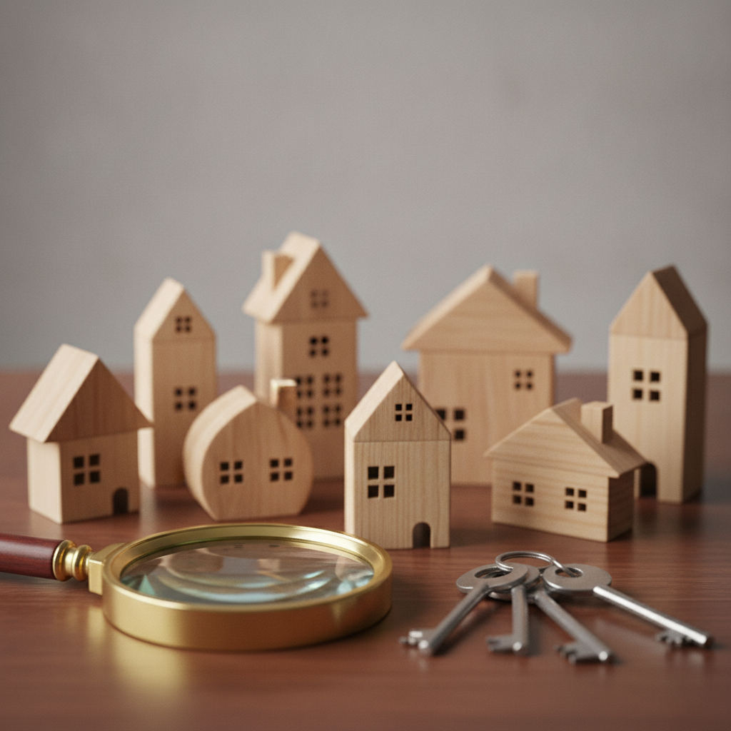Detail shot of house model, keys, and magnifying glass representing real estate marketplace search and analysis