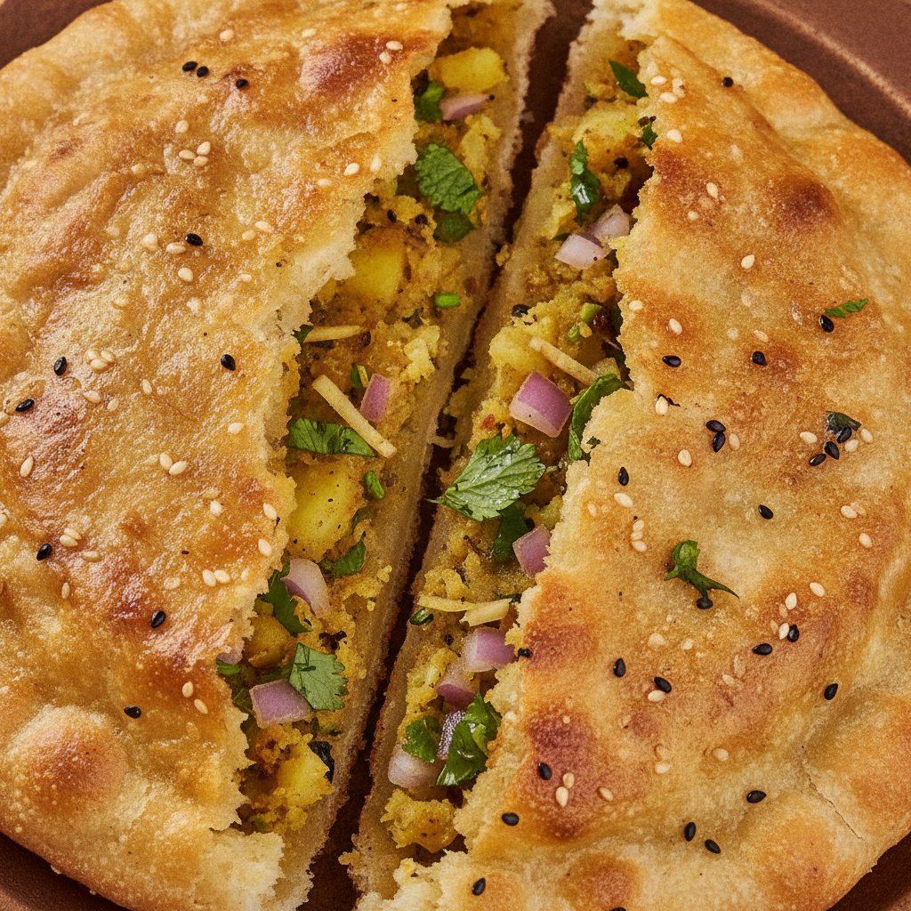 Amritsari kulcha close-up showing spiced filling, crisp blistered crust, and glossy ghee finish—a signature Punjabi dish at Taste of Amritsar