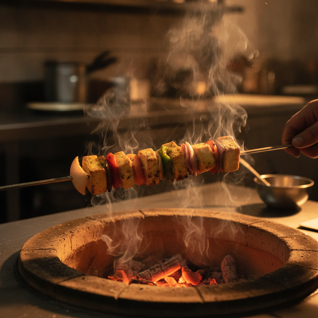Paneer tikka skewers lifted from a clay tandoor with glowing coals, capturing the signature char and smoke of Punjabi tandoori cooking