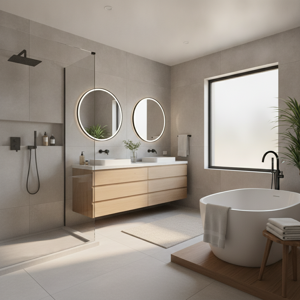 Bathroom Remodel Guide: Plan Better and Stress Less in 2026 3 Modern bathroom remodel with custom double vanity, quartz countertop, frameless glass shower, and freestanding tub