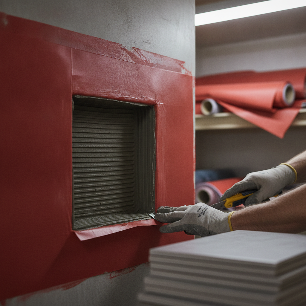 Bathroom Remodel Guide: Plan Better and Stress Less in 2026 1 Close-up of shower waterproofing membrane installation during bathroom renovation