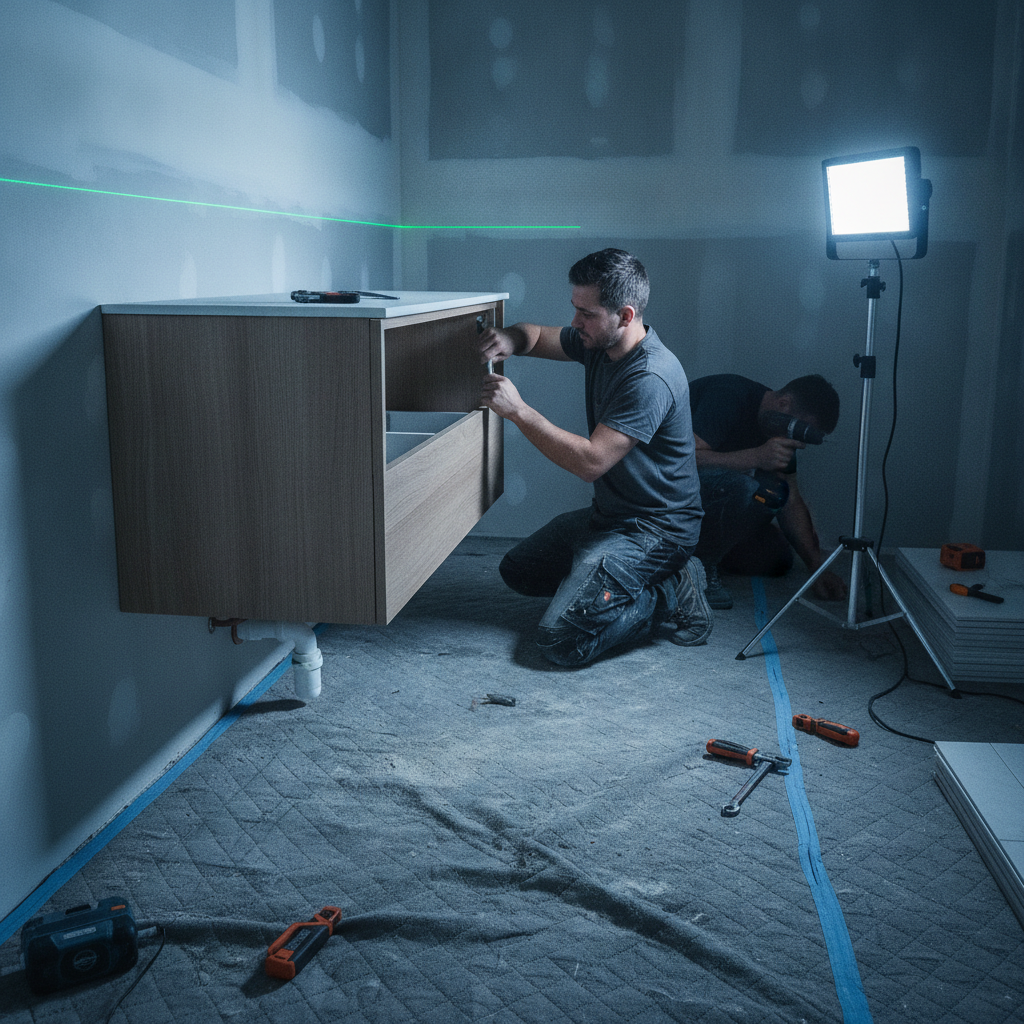 Bathroom Remodel Guide: Plan Better and Stress Less in 2026 2 Cabinet installer leveling a floating vanity during a bathroom remodel