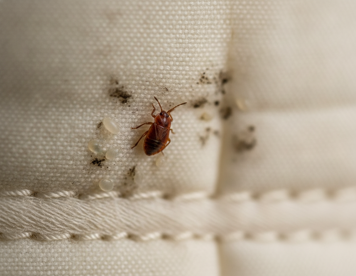 Close-up of a bed bug on a mattress seam, used to explain the bed bug extermination process and where to inspect first