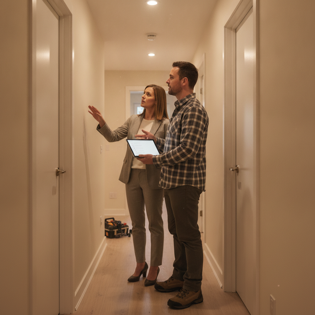 Property manager and contractor on a final turnover walkthrough with a digital checklist in London