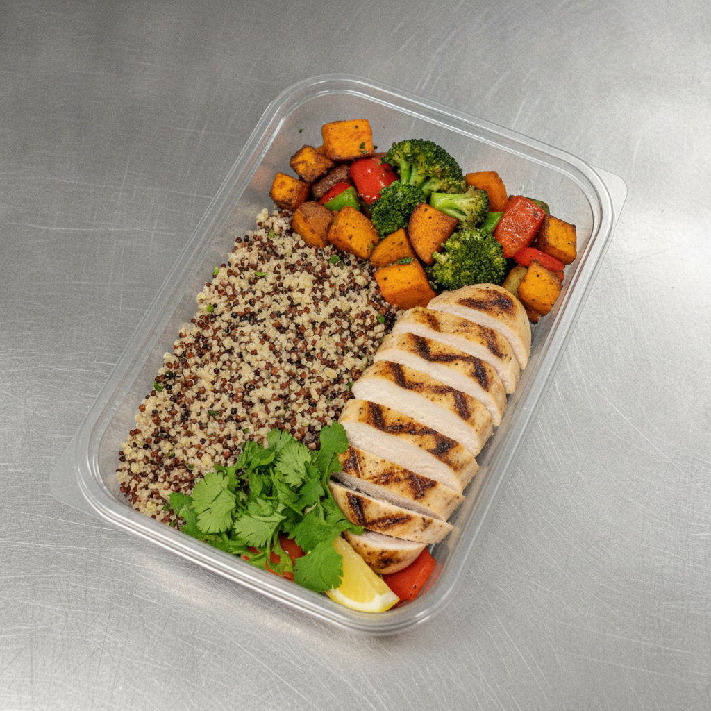 Individually packaged chef catering meal for office lunch delivery in Toronto with labeled components