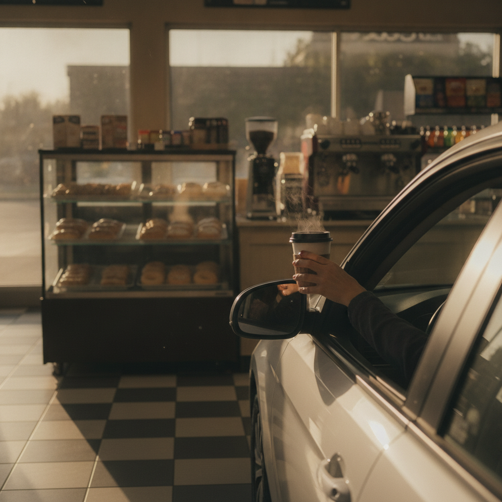 In-store cafe scene at a fuel station in Stouffville with a driver picking up fresh coffee and donuts at Country Style before getting back on the road