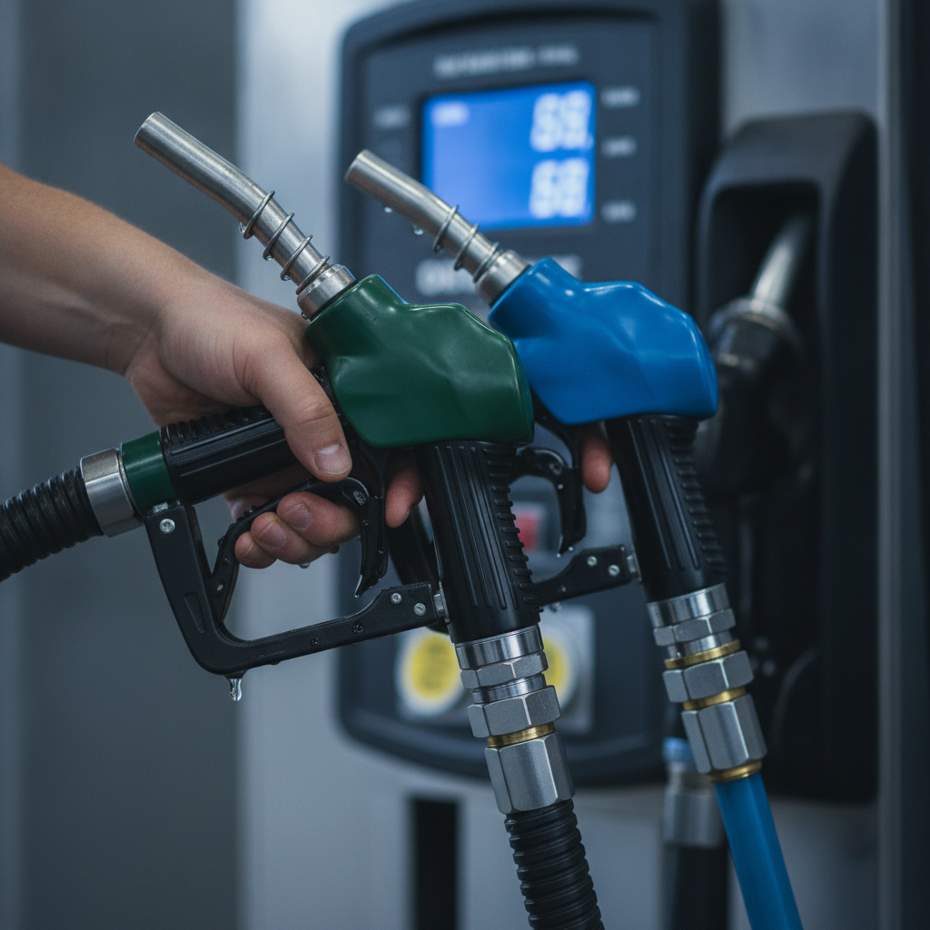 Close-up of diesel and DEF pump handles at a modern fuel station in Stouffville, showing clean nozzles and hoses for efficient retail diesel and DEF fueling