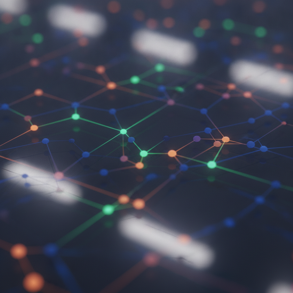 Close-up visualization of an AI SEO agent network connecting keywords, links, and content optimization