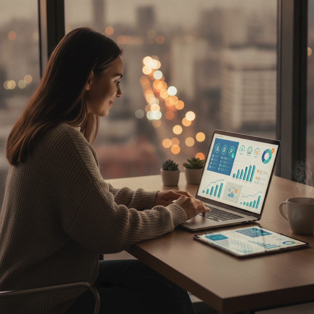 Small business marketer reviewing an AI-powered SEO dashboard to guide content automation and internal linking