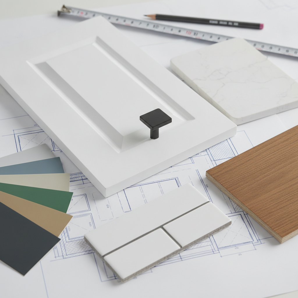 Kitchen remodel planning materials: cabinet door, quartz, tile, flooring, paint swatches, and plan layout for The Meadows kitchen renovation