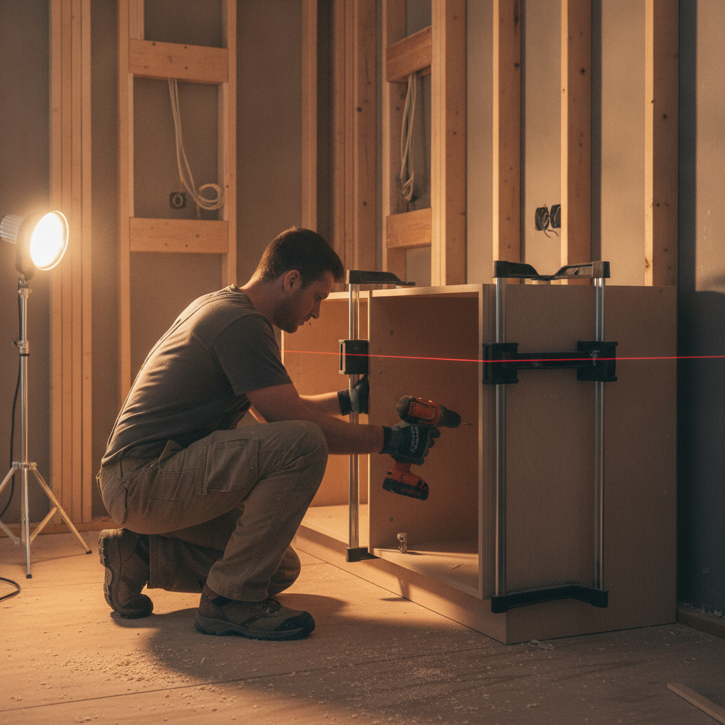 Professional installer setting kitchen base cabinets with laser level and clamps during The Meadows remodel sequence