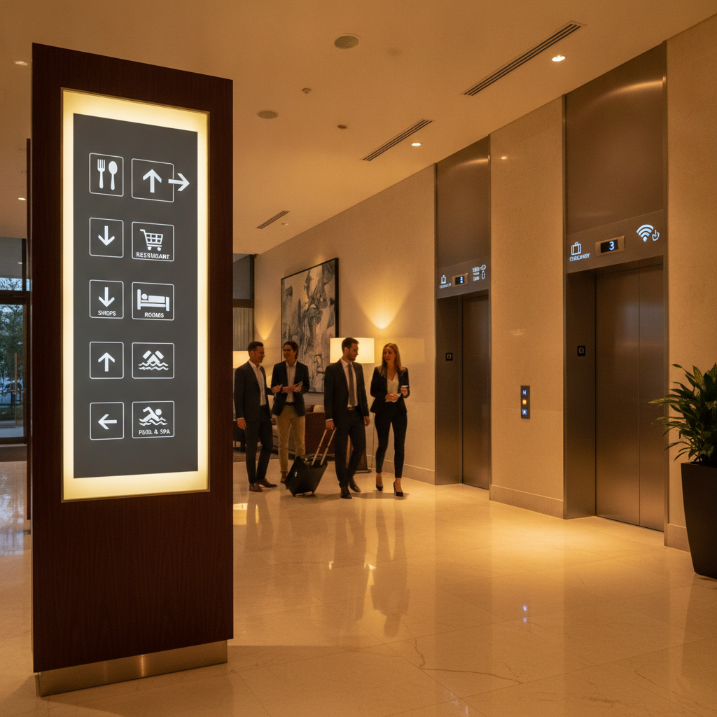 Contemporary hotel lobby with clear pictogram signage and elevator bank, showing effective hotel directional signs in a busy scene