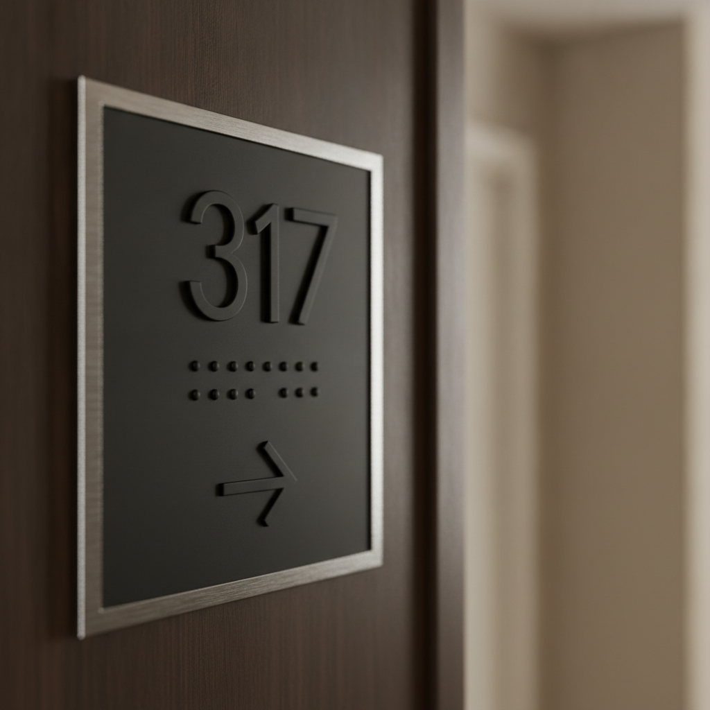 Close-up tactile hotel room plaque with raised symbols and Braille, illustrating ADA-style wayfinding for hotel room directional signs