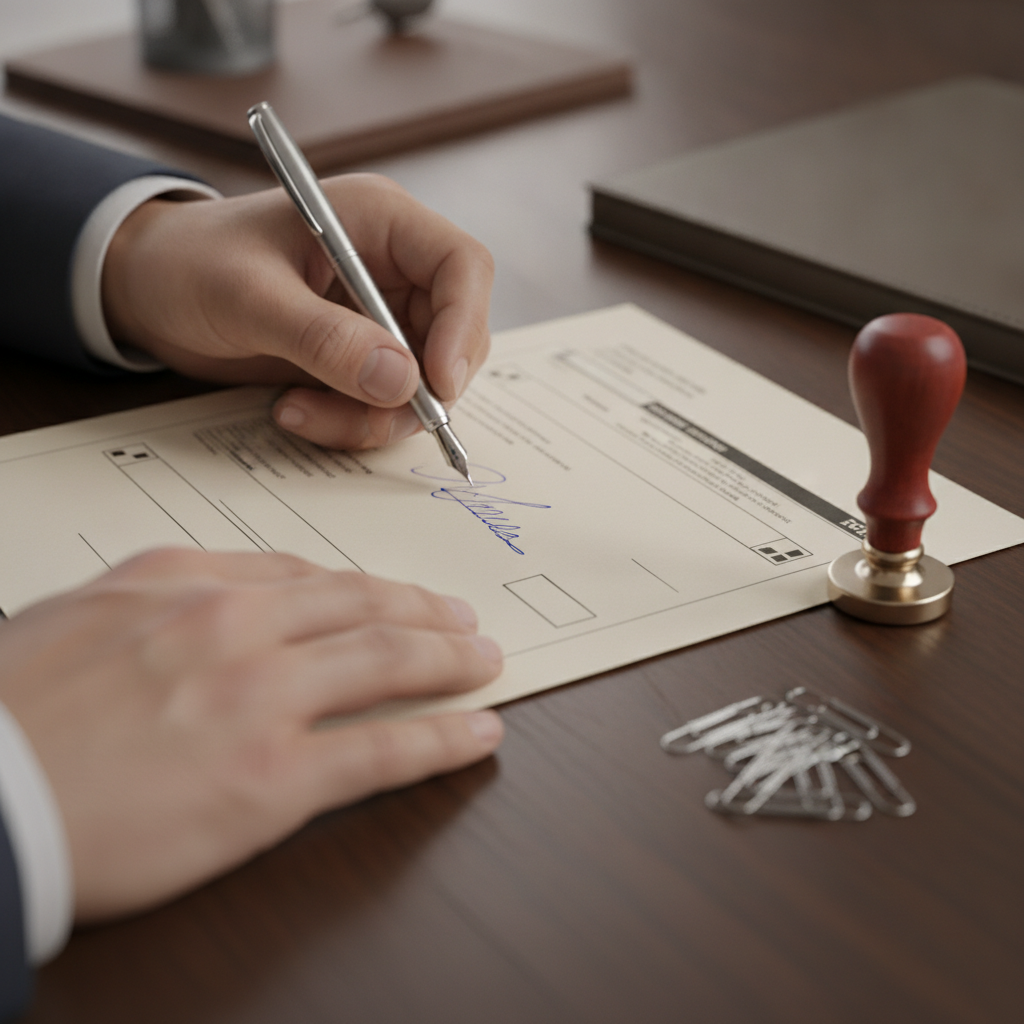 Close-up of Ontario incorporation paperwork being signed with a notary stamp, supporting starting a business in Ontario
